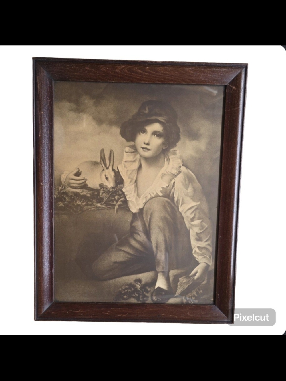 Lithograph, "Boy and Rabbit" Wood Frame, Sir Henry Raeburn, circa 1925